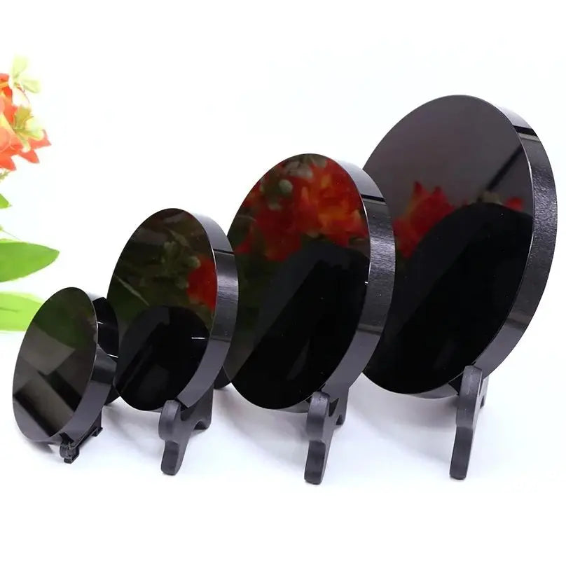 Natural Black Obsidian Scrying Mirror Healing Crystals Stone Round Plate Witchcraft Magic Mirror Crystal Home Decor With Shelf