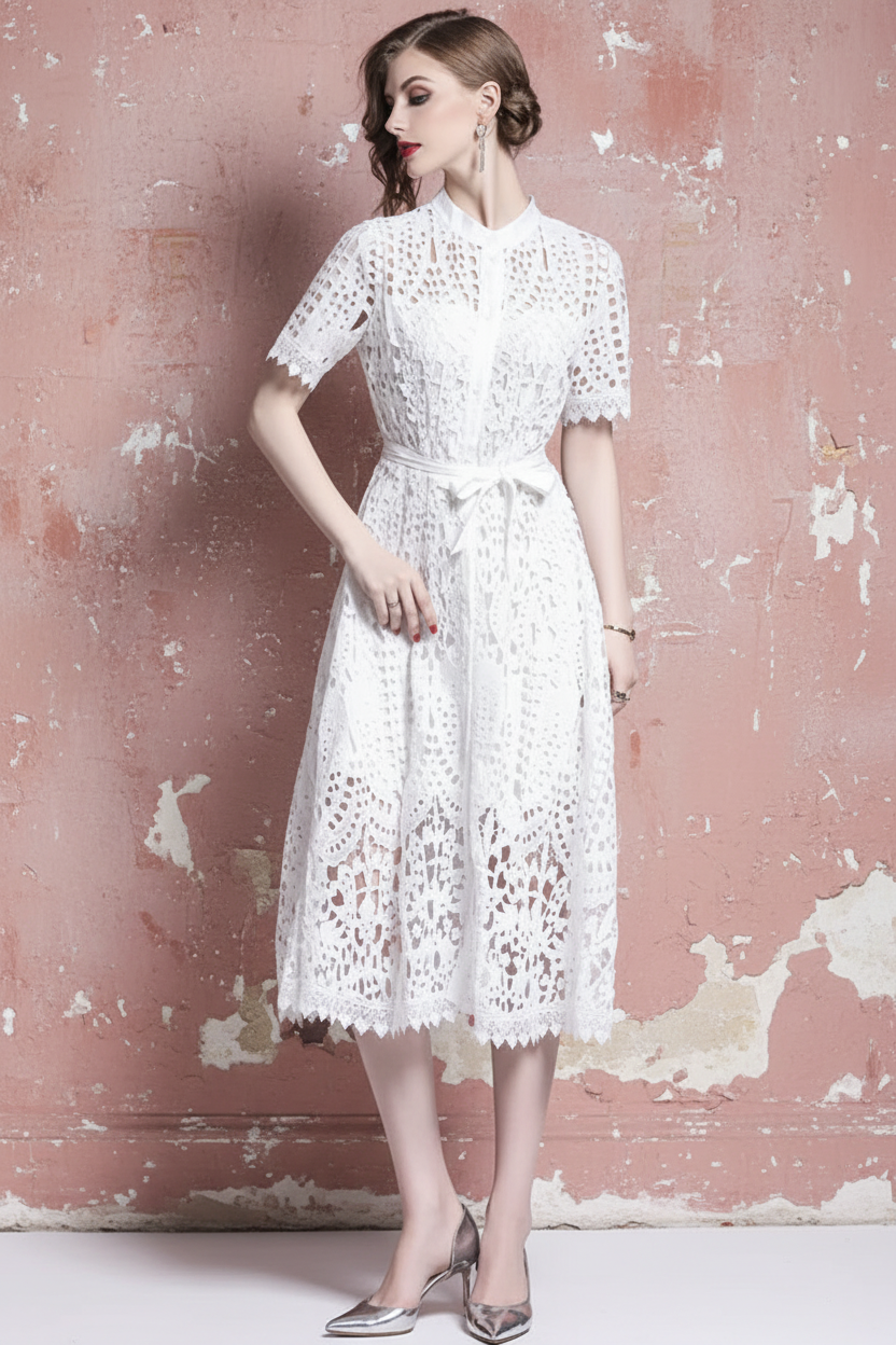Summer Women Lace Sweet Sexy Dress Hollow Out Half High Collar Short Sleeve Single-breasted High Waist Slim Vintage Midi Dresses