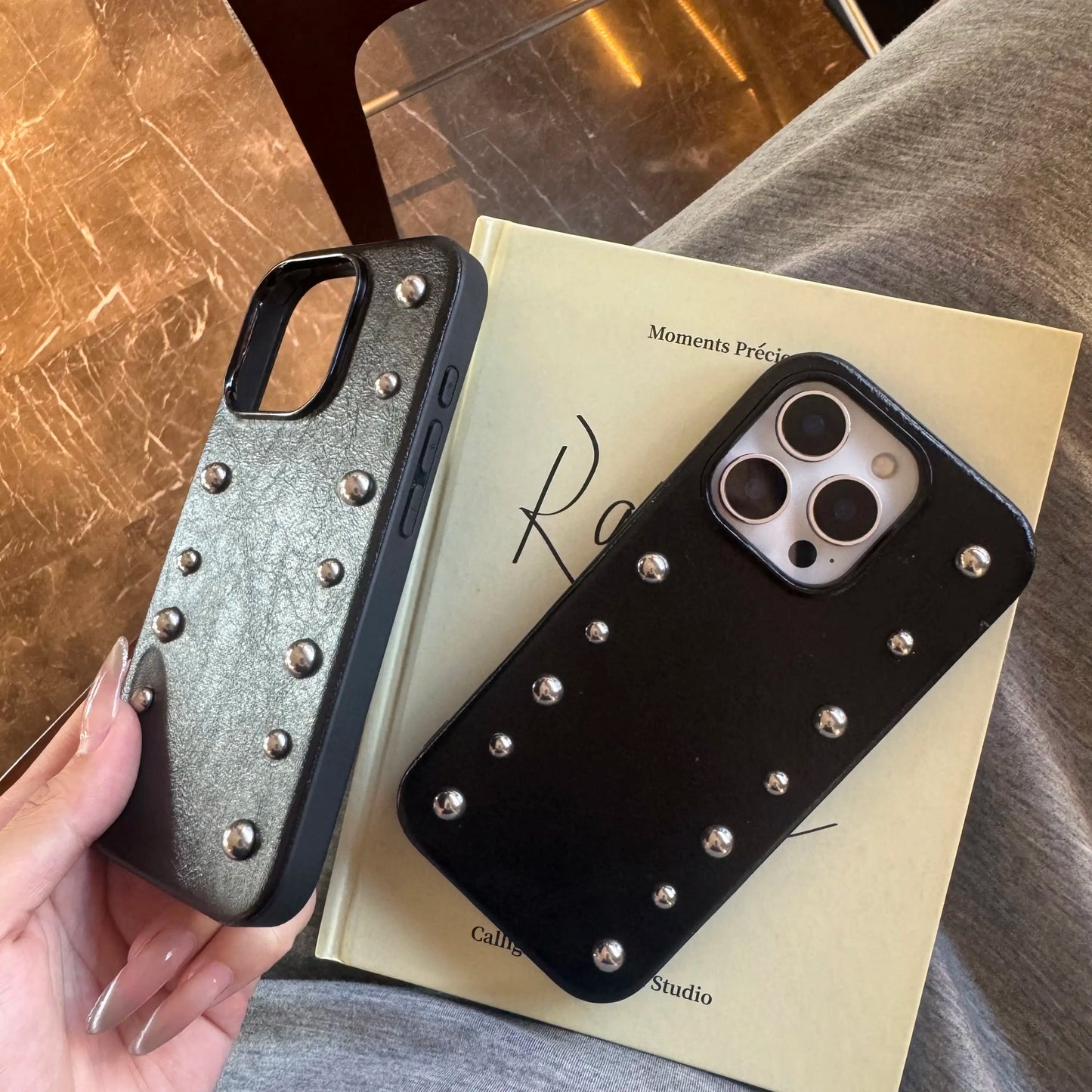 Chic iPhone case Personality Advanced Silver round Rivet Solid Color Leather Shock Proof Phone Cover for iPhone 17Promax 16 15 14 13 Pro Max Case
