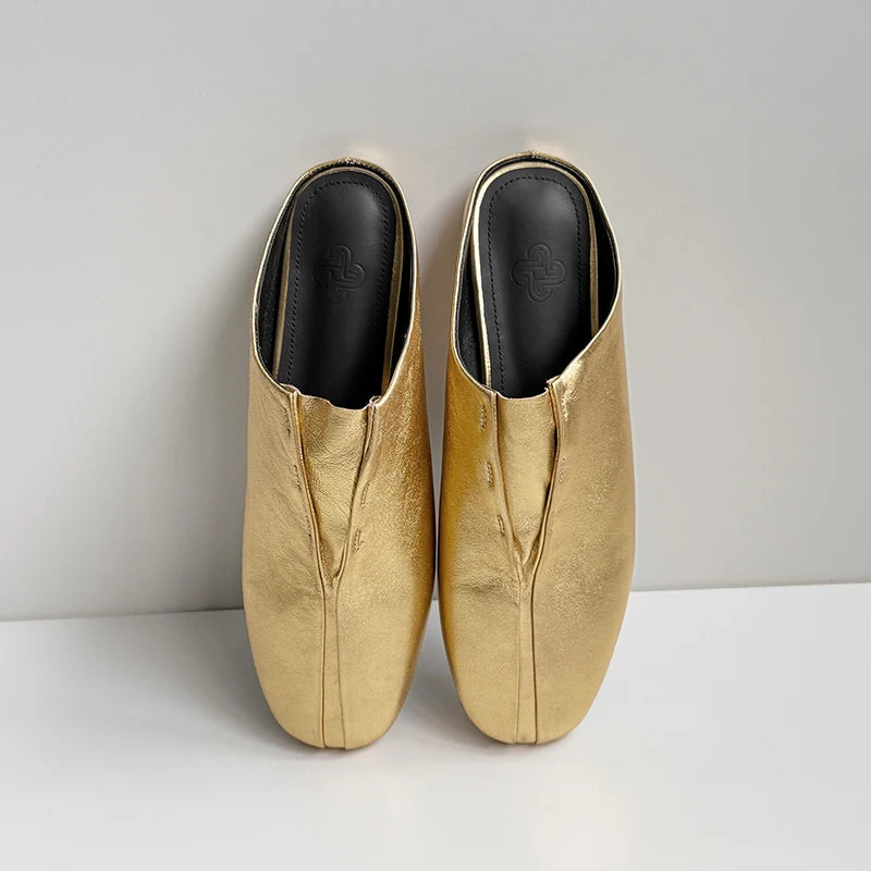Genuine Sheepskin Mules Women Covered Square Toe Deep Mouth Flat Heel Casual Slippers Female Vacation Slides