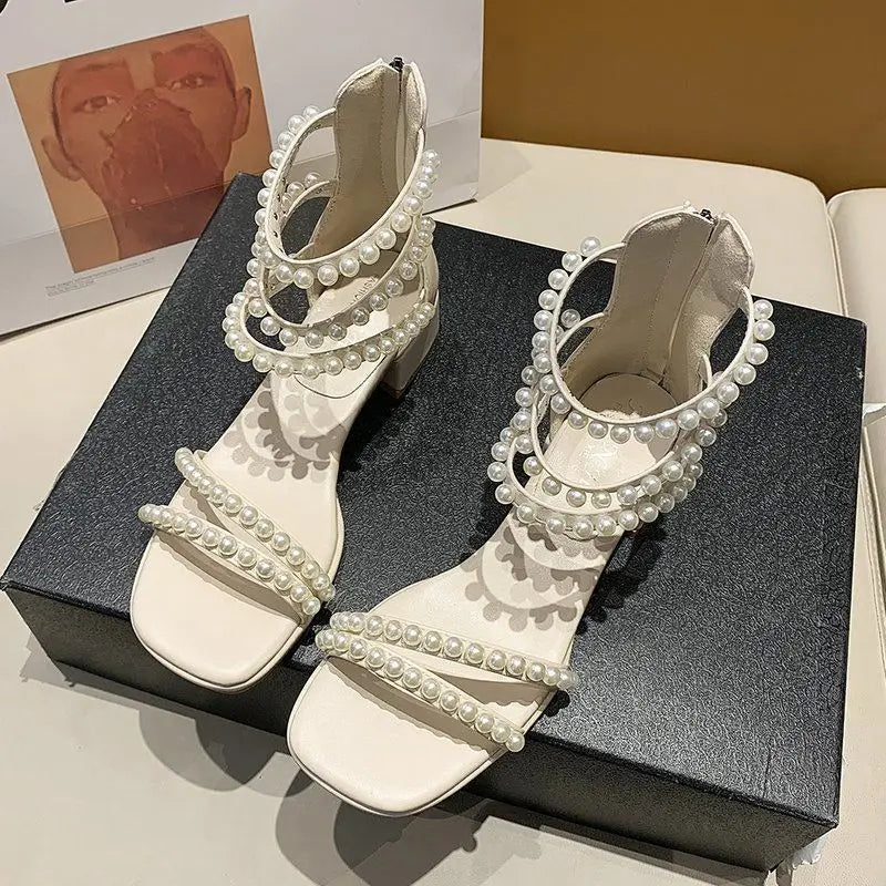Pearl with Medium Heels Summer 2025 Women's Shoes Sandals for Woman Square Footwear Black Comfort Anti Slip Hot Vip The Best H F