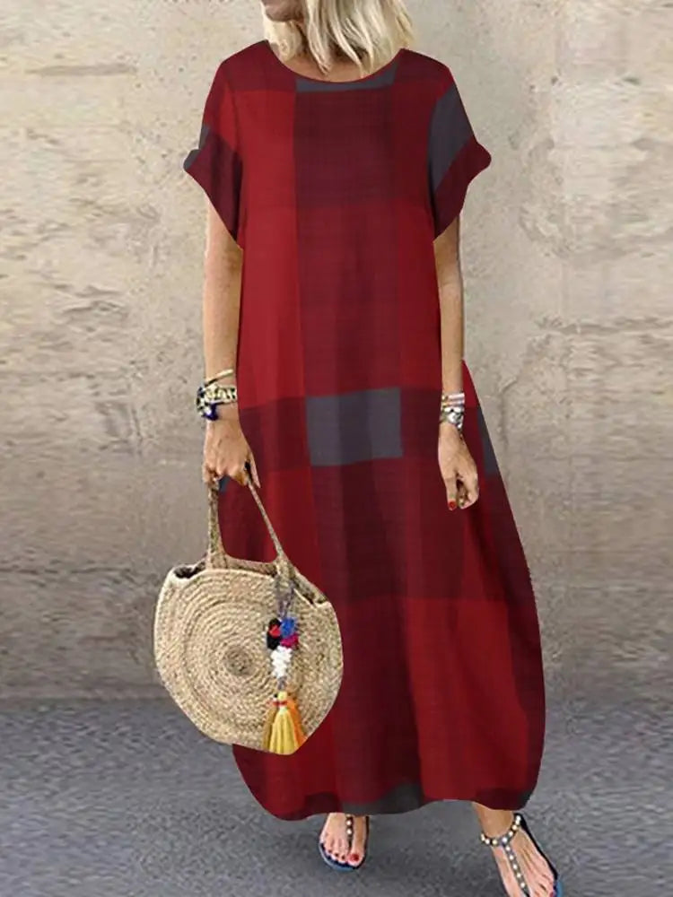 ZANZEA Bohemian Plaid Checked Sundress Summer Short Sleeve Long Dress Fashion Holiday Party Vestido Femme Casual Loose Robe 2025