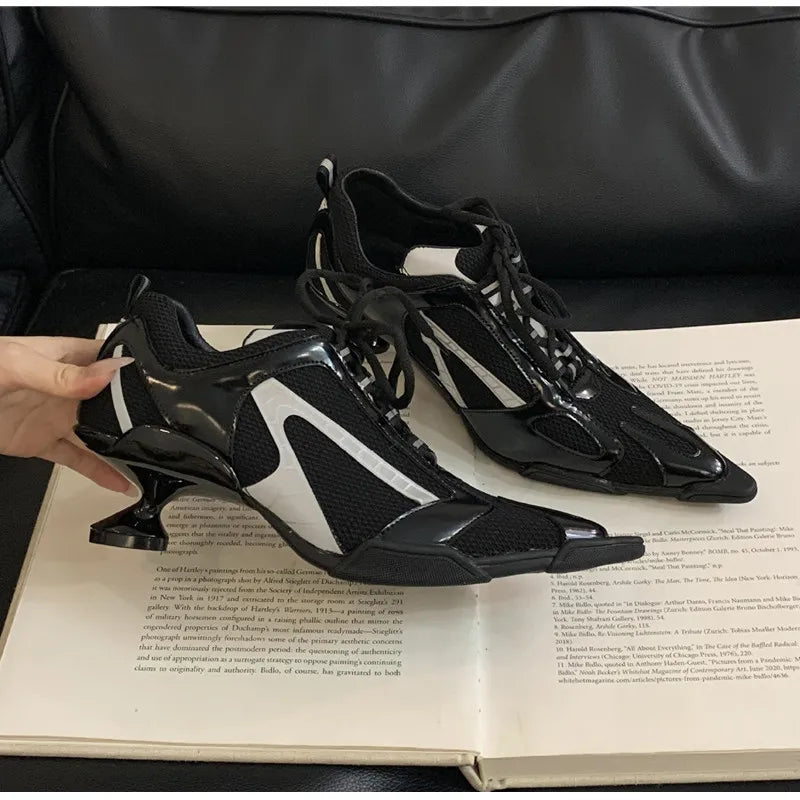 Sport Style Fashion Mixed-color Pointed toe Women Pumps Spring Autumn Breathable Mesh Strange High heels Casual Sneakers Shoes