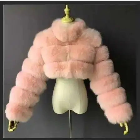 DEAT Fashion Women's Faux Fur Coat Stand Neck Long Sleeve Zipper Short Solid Color Thick Warm Jackets Winter 2024 New 7AB6434