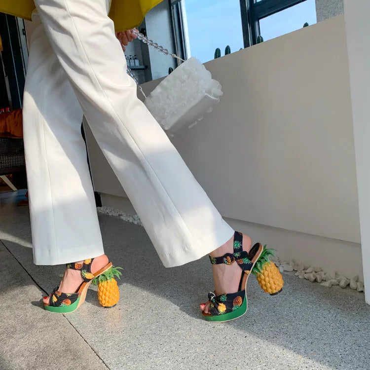 Sweet Lady Pineapple Heels High Heels Women's Thick Bottom Water Platform Printed Fabric Personalized Ultra High Heels Oversize