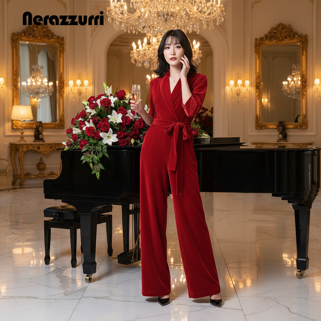 Nerazzurri Spring Autumn Long Soft Flowy Red Velvet Jumpsuit Women with Sleeves Sashes Maxi Black Wide Leg Floor Length Clothes