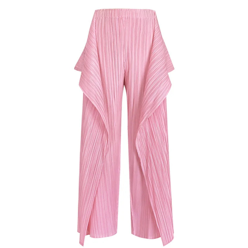 Miyake Irregular Designer Pleated Two Pieces Set Women Sleeveless Elegant Top Wide Leg Loose Trousers Summer Lady Clothing