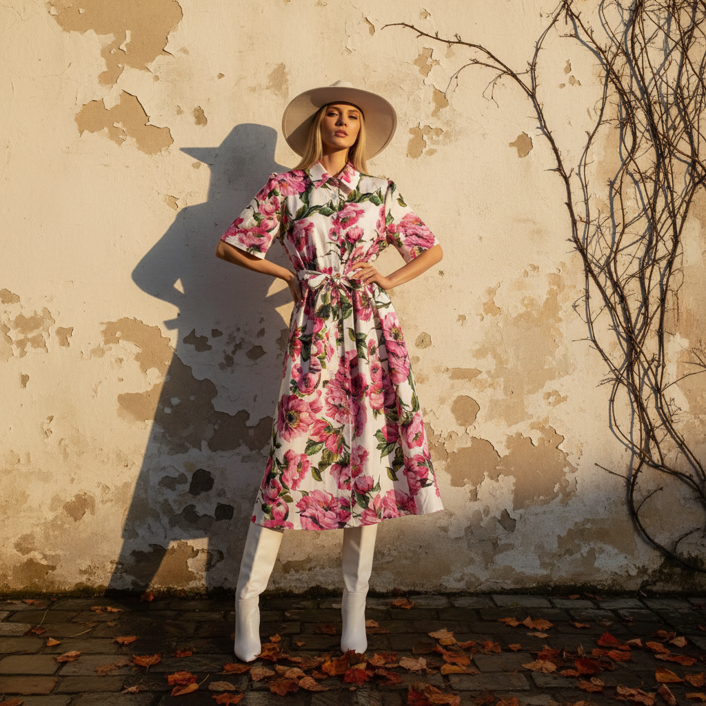 Retro print lapel single breasted slim waisted dress 2026 summer women's shirt skirt fashionable loose oversized puffy skirt