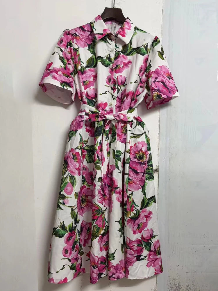 Retro print lapel single breasted slim waisted dress 2026 summer women's shirt skirt fashionable loose oversized puffy skirt