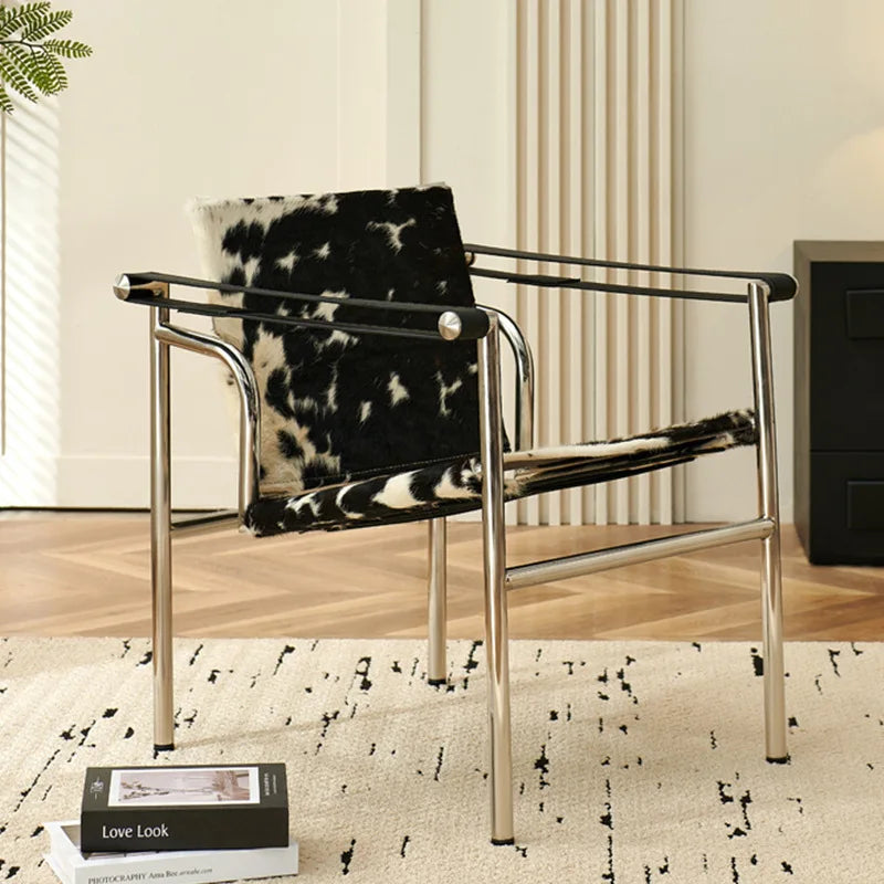 Italian Simple Saddle Chair, Single Leather Stainless Steel Leisure Chair Minimalist Single Black Sofa Chair Living Room Design