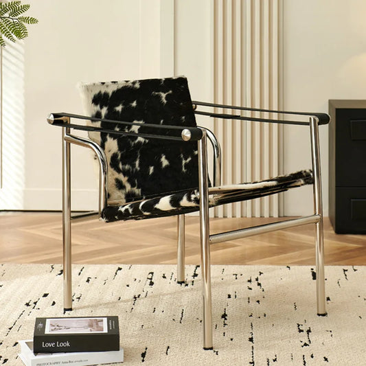 Italian Simple Saddle Chair, Single Leather Stainless Steel Leisure Chair Minimalist Single Black Sofa Chair Living Room Design