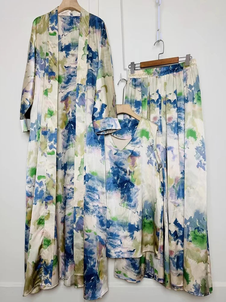 Retro positioning printed long cardigan+vest three piece set 2026 spring women's clothing+loose pants skirt fashion set