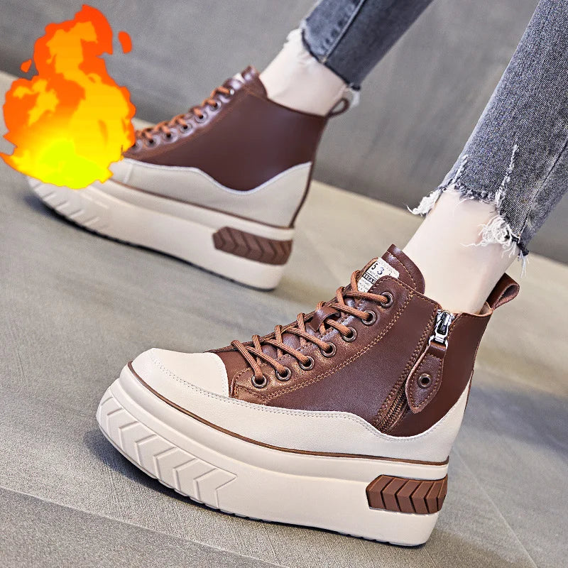 High Top Women Shoes Genuine Leather 8cm Platform Boots Ankle Wedge Hidden Heel Zip Autumn Warm Fur Winter Shoes Sneakers