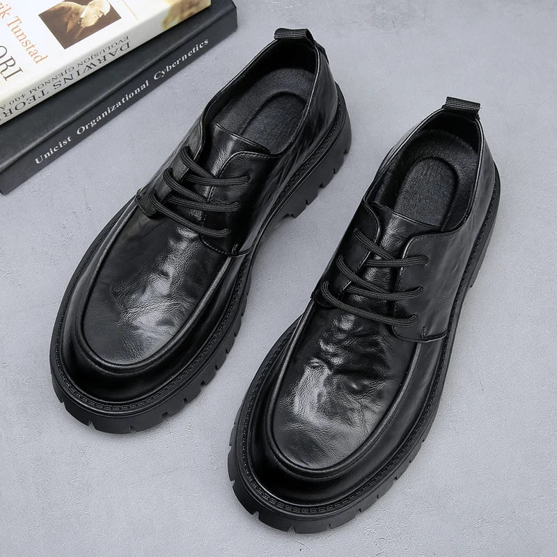 Men's Fashion Genuine Leather British Style Thick Bottom Work Shoes Classic Lace Up Comfortable Anti Slip Big Head Leather Shoes