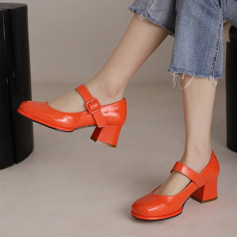 Spring Autumn Women Platform Mary Janes High Thick Heel Orange Red Patent Leather Dress Office Lady Round Toe Buckle Strap Pumps