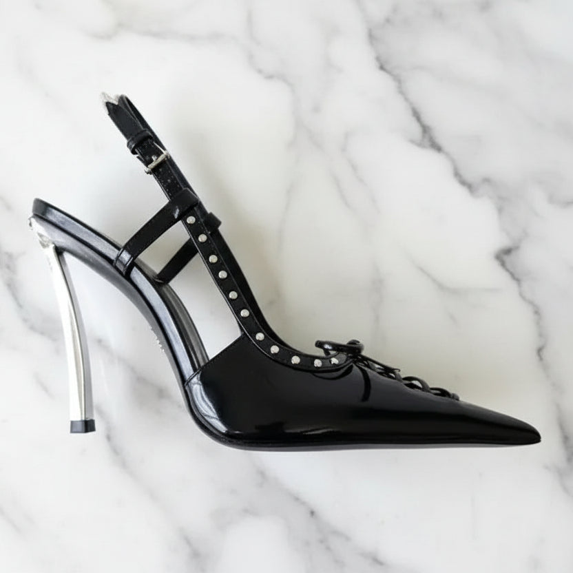 Patent Leather Rivet Women Pumps Elegant Pointed toe Lace-up Office Lady Slingbacks High heels Party Shoes 2026 Summer Fashion