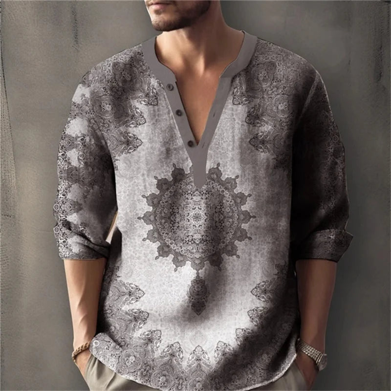 Men's Long-Sleeved Shirt with Retro Print, Stylish Design, Outdoor Casual Henley Collar, Loose Fit, Men's Vacation Top, XS-6XL.
