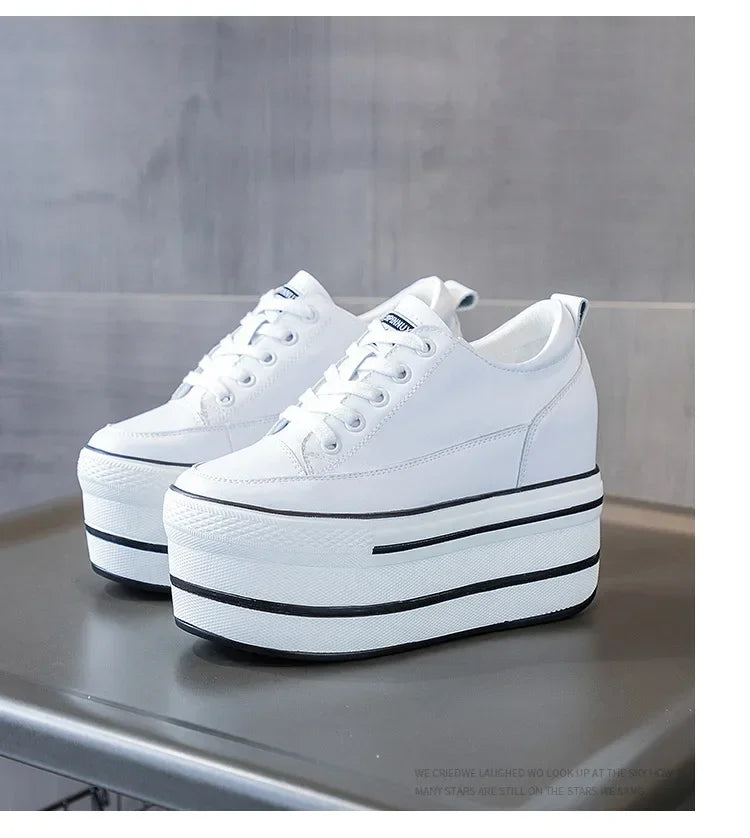 Fashion 10.5cm High Thick Heel Platform Flats Women Casual Shoes Genuine Leather Soft Quality Casual Shoe Sneakers White Black