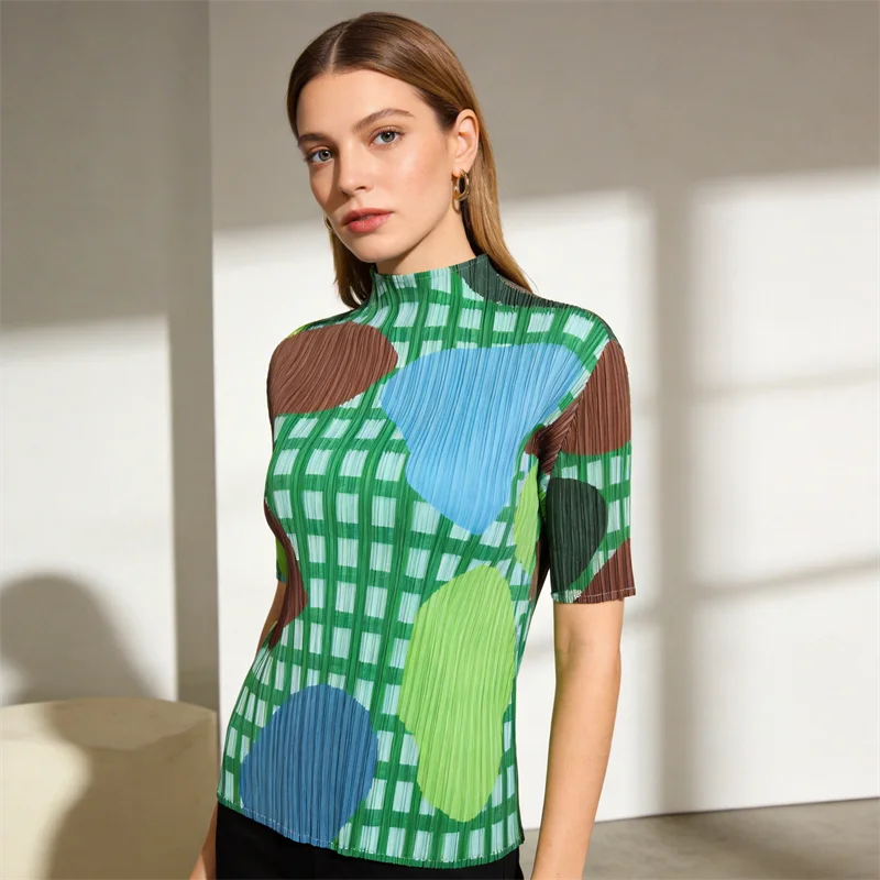 Miyake Elegant Green Plaid Color Block Print Pleated Top Mock Neck Half Sleeve Elastic Tee Daily Commute Office