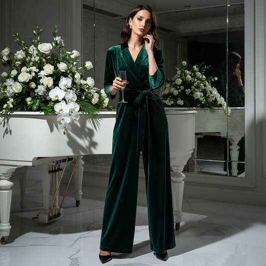 Nerazzurri Spring Autumn Long Soft Flowy Red Velvet Jumpsuit Women with Sleeves Sashes Maxi Black Wide Leg Floor Length Clothes