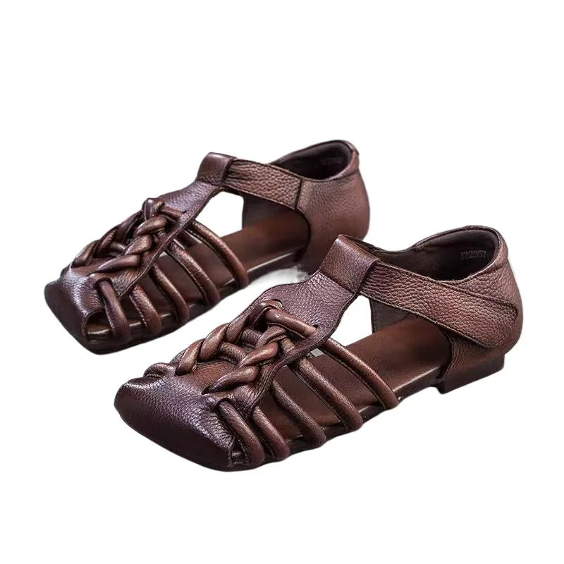 Genuine Leather Sandals Women Handmade Woven Literary Style Hollow Flat Roman Sandals Ladies Summer Shoes Sandalias