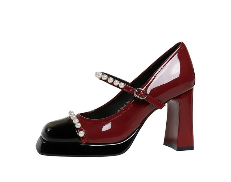 Retro Style Color Block Square Toe Thick Heel High Heels Women's Waterproof Platform Pearl Mary Jane Shoes Casual Fashion