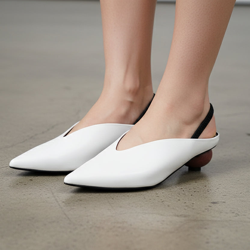 Genuine Leather Mules Women Pointed Covered Toe Med Ball Shape Heel Office Ladies Slippers Strange Heel