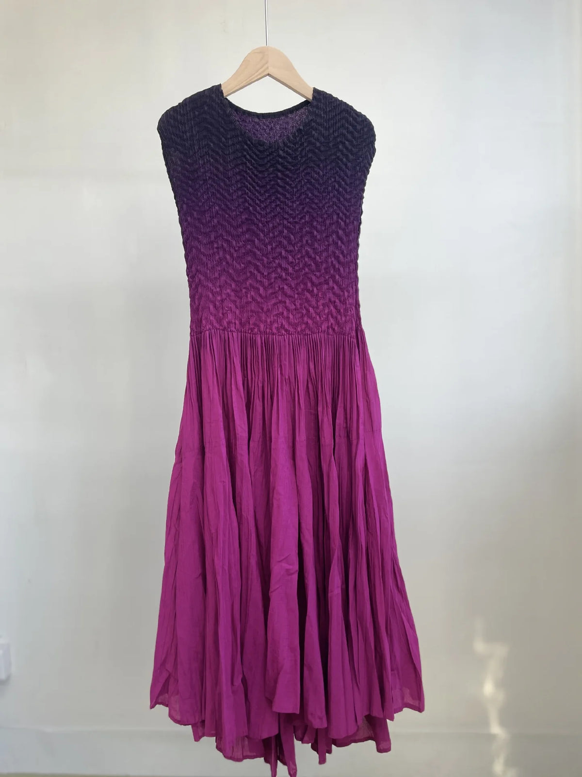 Summer Miyake Gradient Printing Pleated Slim Fit Round Neck Sleeveless Gradient Splice Dress