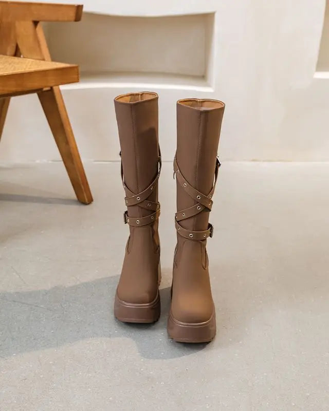 Fujin 10cm Microfiber Women Boots British Boots ZIP Synthetic Leather Ankle Spring Platform Wedge Knee High Fashion Autumn Shoes