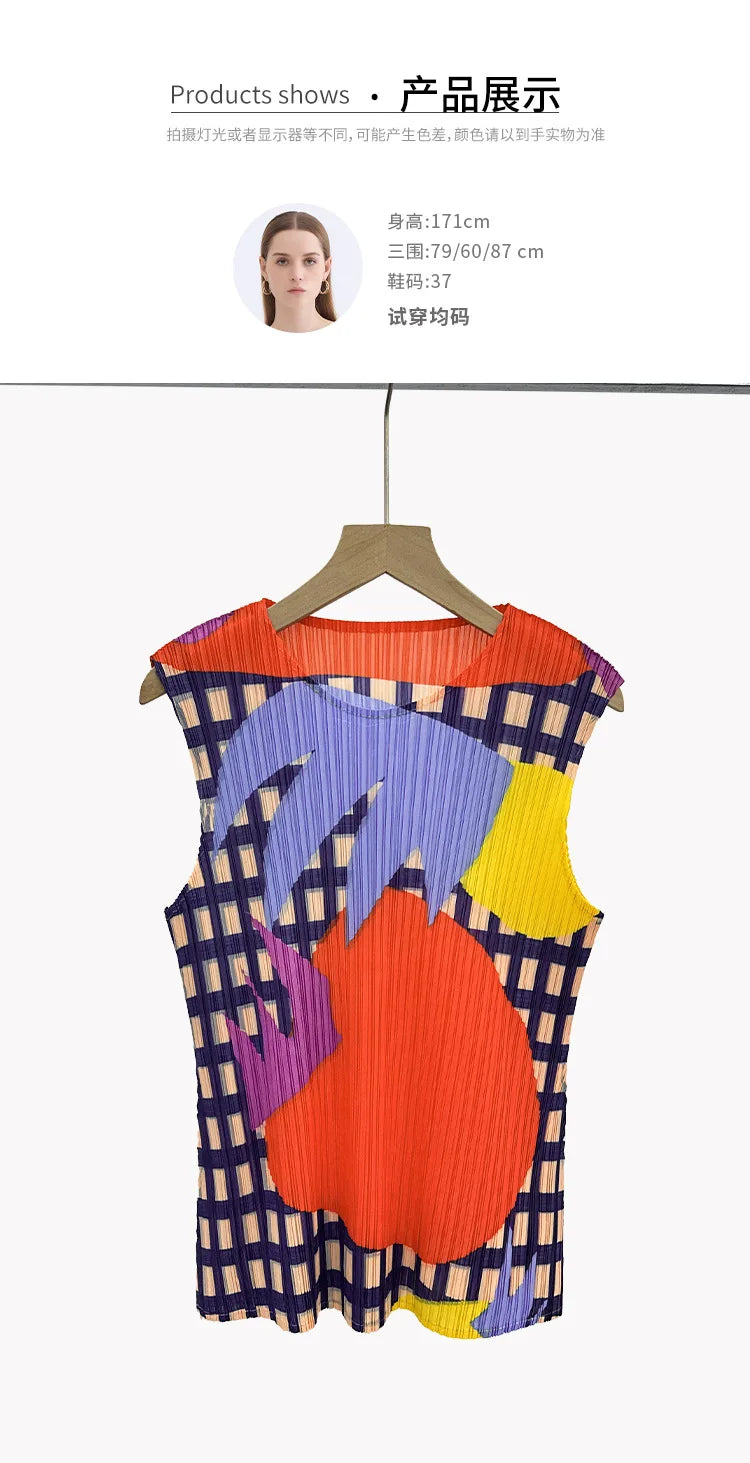 Miyake Pleated Sleeveless Vest Women's Spring and Summer New Contrast Color Geometric Print Loose Casual Fashion Round Neck Top