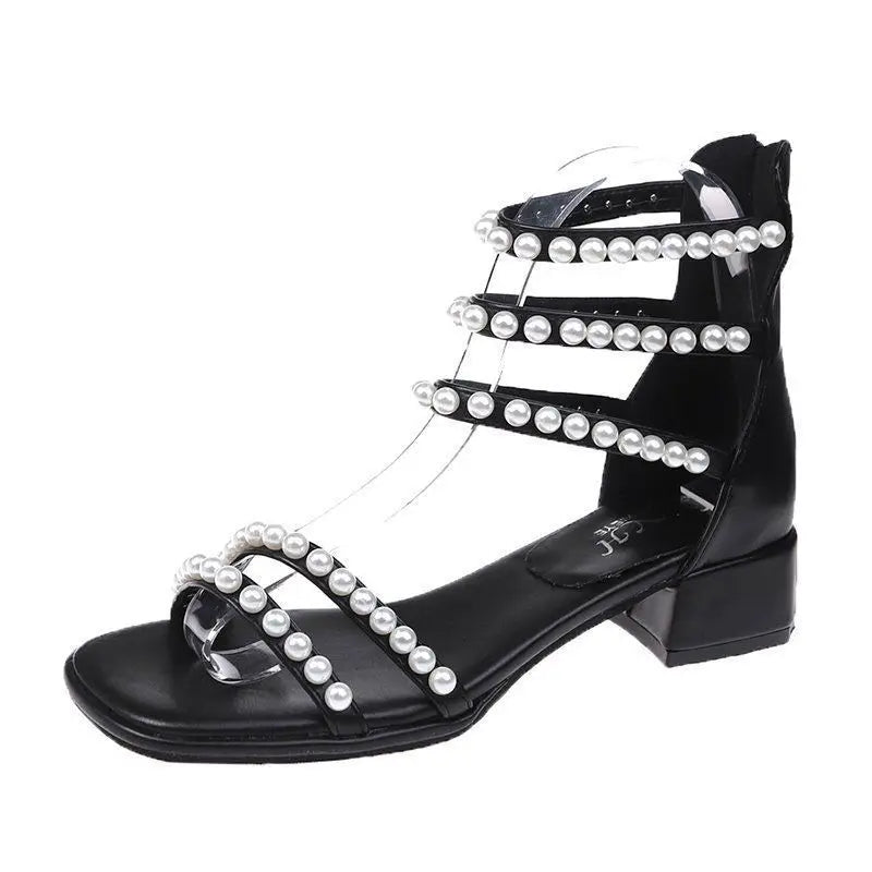 Pearl with Medium Heels Summer 2025 Women's Shoes Sandals for Woman Square Footwear Black Comfort Anti Slip Hot Vip The Best H F