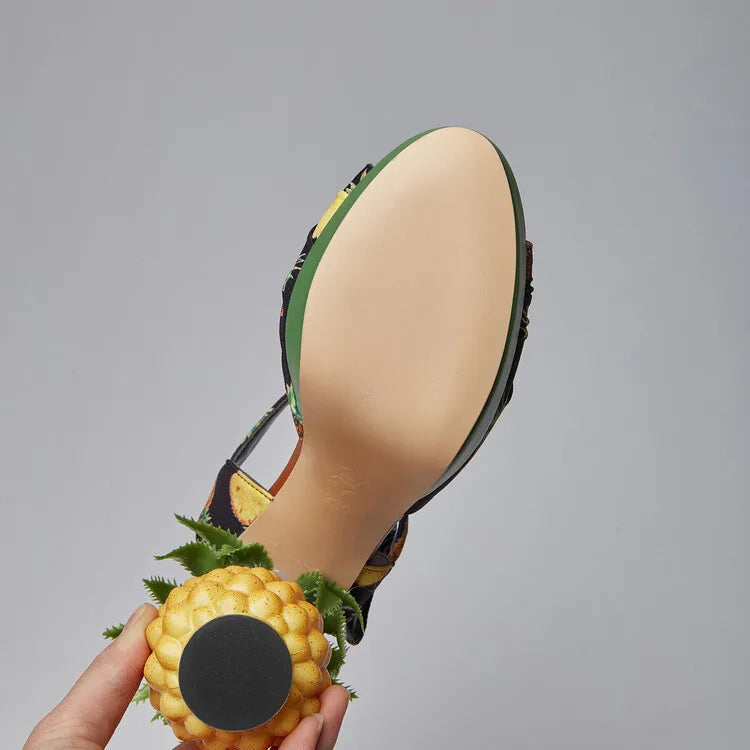 Sweet Lady Pineapple Heels High Heels Women's Thick Bottom Water Platform Printed Fabric Personalized Ultra High Heels Oversize