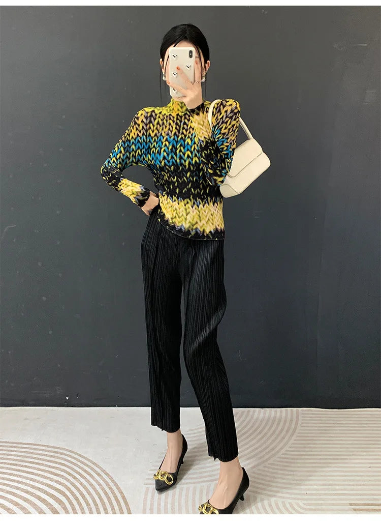 Miyake Pleated 2026 Spring and Summer New Fashion Tops Women's Long-sleeved Half-high Collar Printed T-shirt Bottoming Shirt