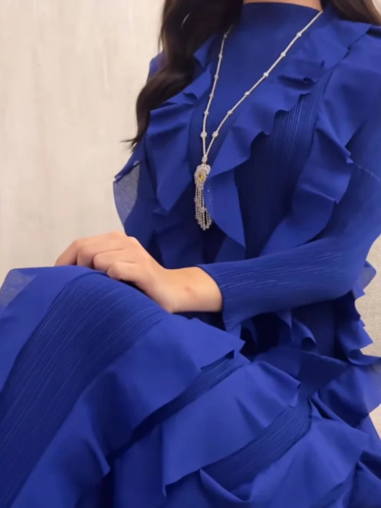 Miyake Pleated Fashion Dress O-Neck Long Sleeve Spliced Ruffles New 2023 Summer Evening Party Clothing Lady Middle East HotSales