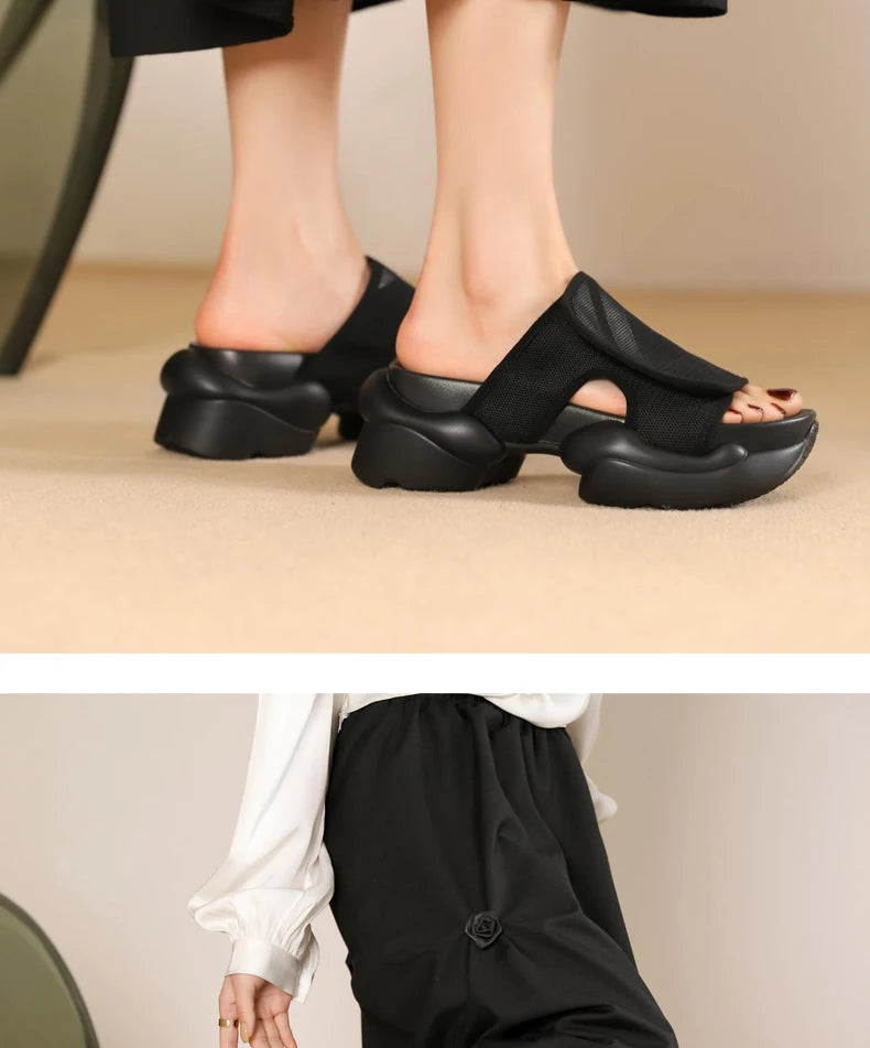 Ods Chic Women Real Genuine Leather Sandals Thick Sole Chunky Heels Goth Shoes Summer Ladies Flat Platform Sandal Punk Slide4142