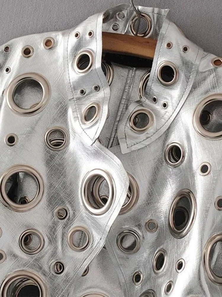 Rocker Runway Cut Out Short Faux Leather Jacket Golden Rivet Cool Stylish Designer Clothes Women European American Fashion 2022