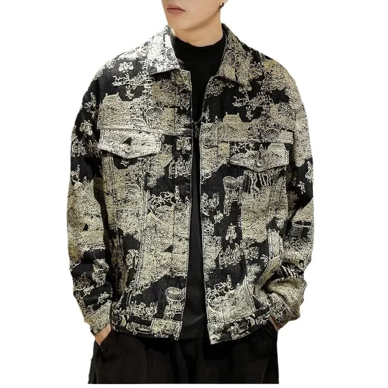 Retro Camouflage Loose Men's Jacket Long Sleeve Embroidered Denim Coat Fashionable Trendy Outerwear Comfortable Fit Male Coat