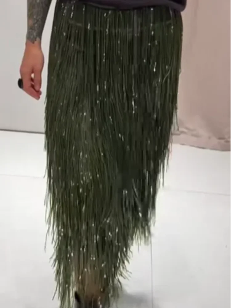 Elegant Green High Waist Women's Skirt With Sequins Female Casual Bodycon Long Shiny Sequined Bottom Lady Evening Party Skirts