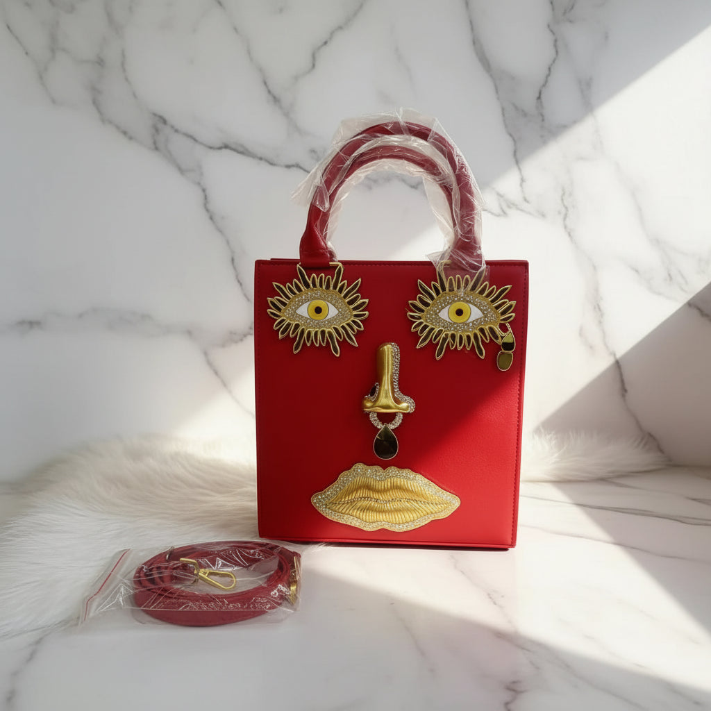 2026 Summer New Women's Surreal  Leather Handbag 3D Face Hand Grip Pattern Tote Bag Silver Patent Leather Square Versatile Shoulder Bag