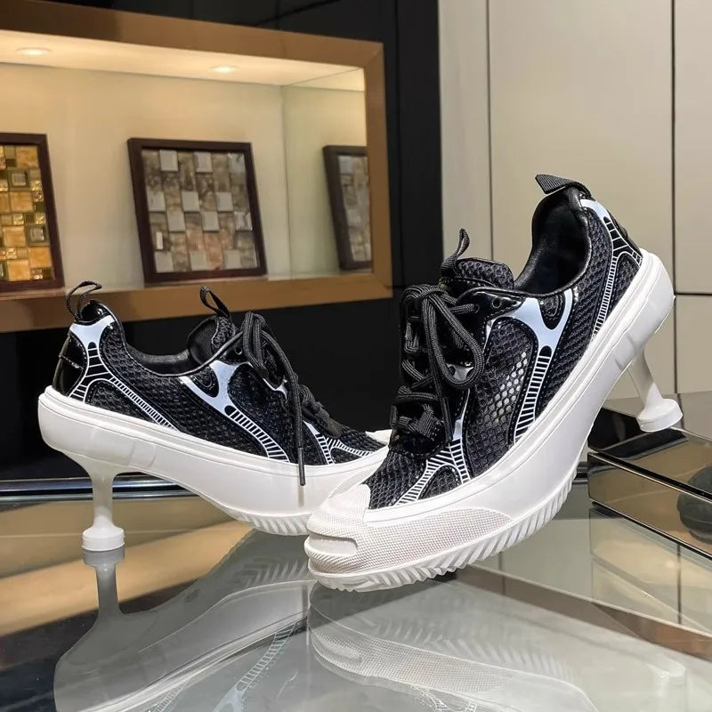 Summer Adult Girls High Heeled Dad Shoes Women Spring Versatile Breathable Lace up Casual Shoes Fashion Sports Mesh High Heels