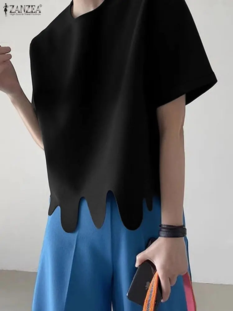 2025 ZANZEA Stylish Summer Blouse Women O Neck Short Sleeve Tops Elegant Solid OL Work Shirt Female Irregular Hem Blusas Mujer