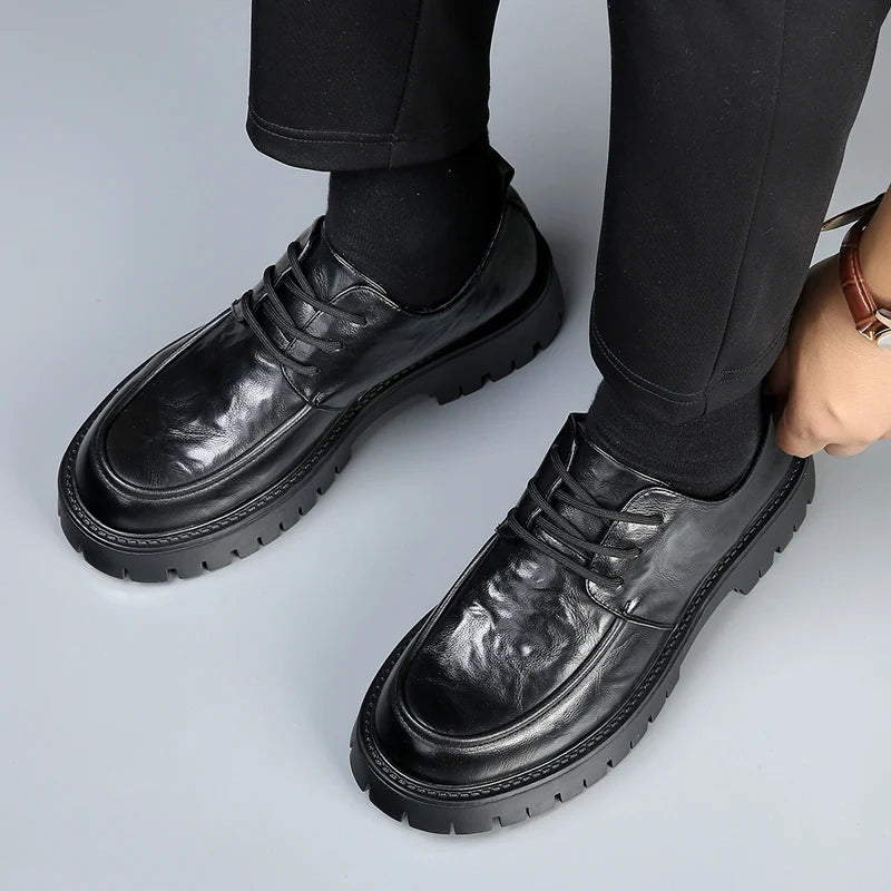 Men's Fashion Genuine Leather British Style Thick Bottom Work Shoes Classic Lace Up Comfortable Anti Slip Big Head Leather Shoes