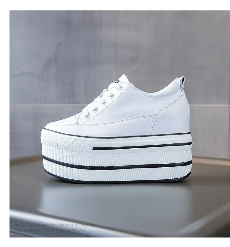 Fashion 10.5cm High Thick Heel Platform Flats Women Casual Shoes Genuine Leather Soft Quality Casual Shoe Sneakers White Black