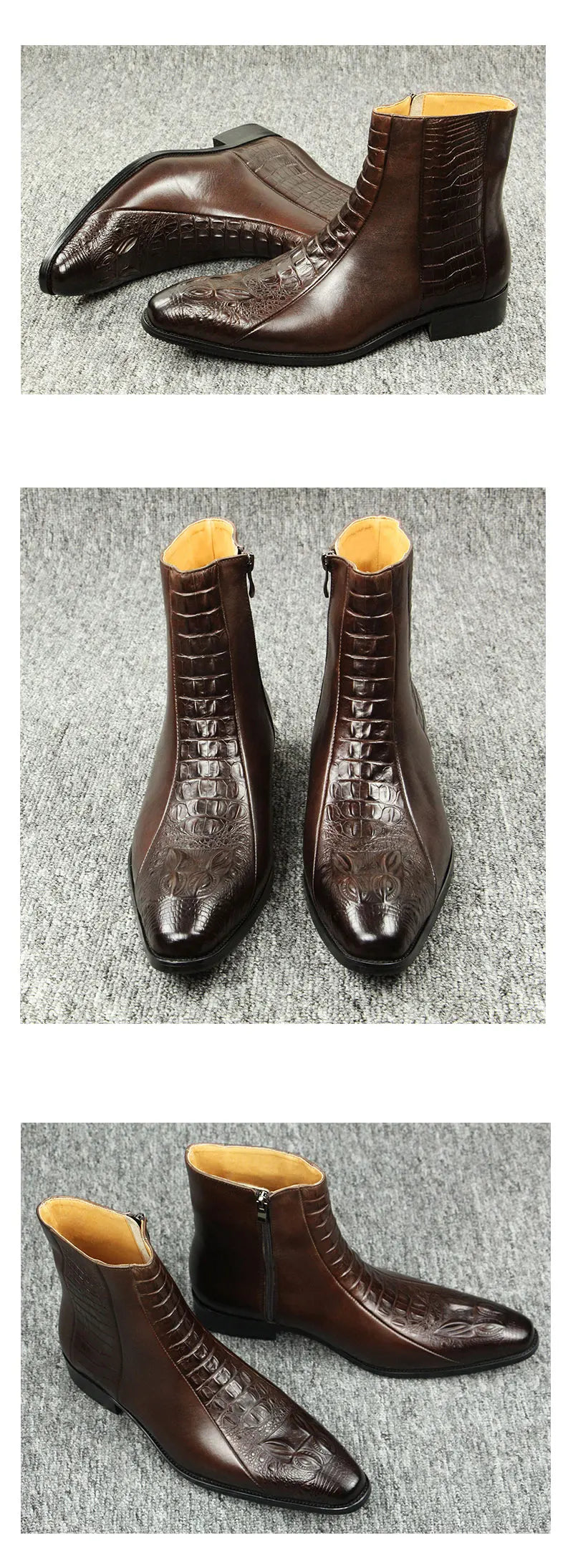 Genuine Leather Mens Boots Autumn Winter Vintage English Style Pointed Toe Work Boots Exquisite Crocodile Engraved Zipper Shoes