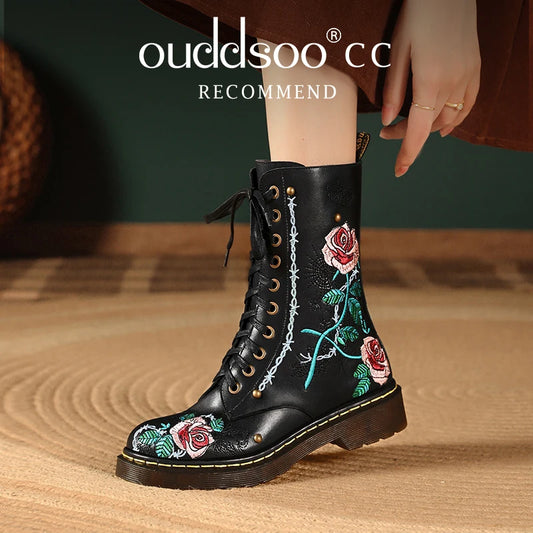 Ods Handmade Embroidery Rose Flower Retro Lace-up Mt Woman Genuine Leather Round Toe British Style Ankle Boots Big Size 40414243