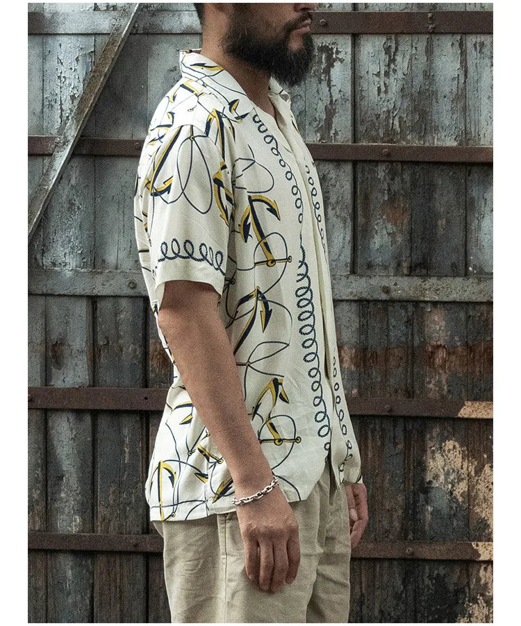 Rugged Bronson Anchor Border Rayon Camp Shirt Old-Fashion Men's Hawaiian Shirt For Beach Vacation
