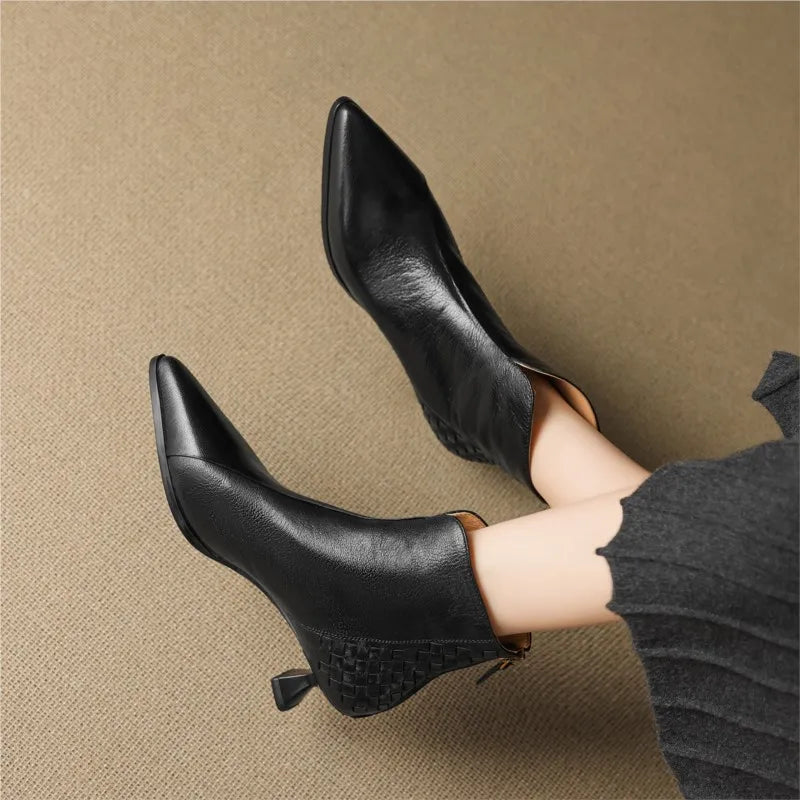 Elegant Sheepskin Leather Retro Ankle Boots Women Pointy Toe Med Thin Heels Office Lady Braided Boots Party