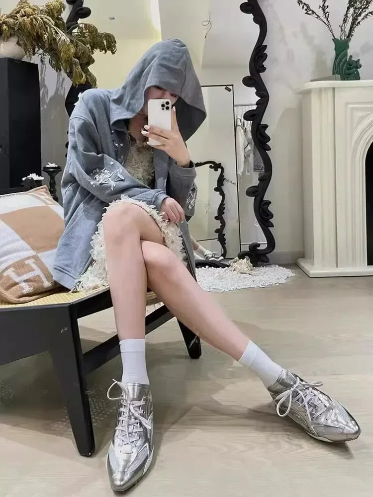 Trendy Pointed Toe Sport Shoes Heightening Gold And Silver Thread New Small Audience Design for Adult Women Summer Casual Shoes