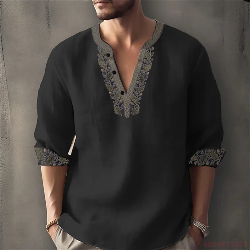 2026 Summer New Men's Fashion Printed Shirt, Henley Collar, Long Sleeve, Ethnic Style, Loose Fit, Breathable, Casual Men's Top