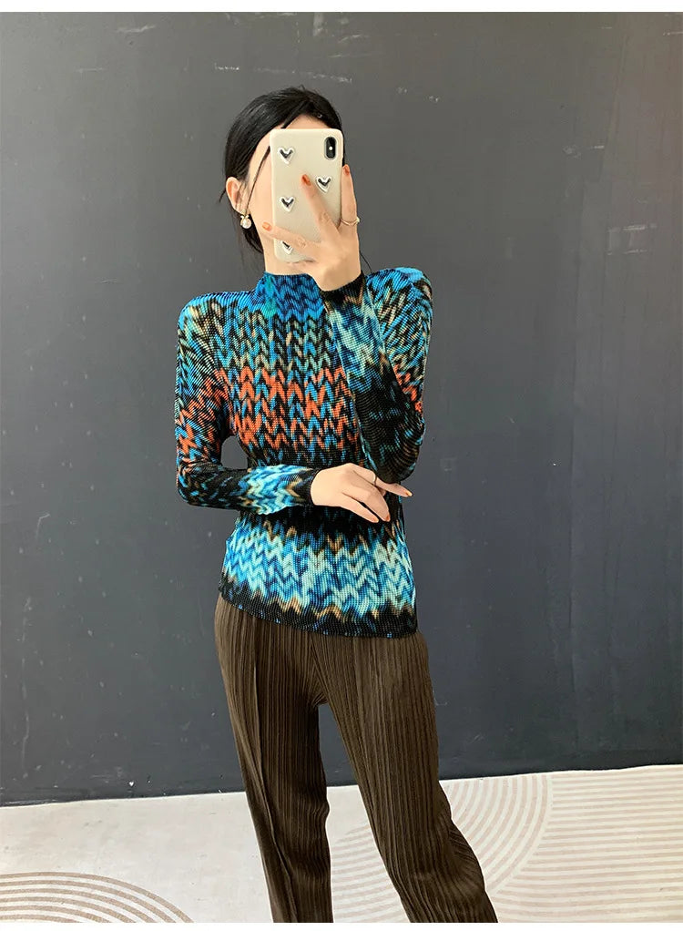 Miyake Pleated 2026 Spring and Summer New Fashion Tops Women's Long-sleeved Half-high Collar Printed T-shirt Bottoming Shirt